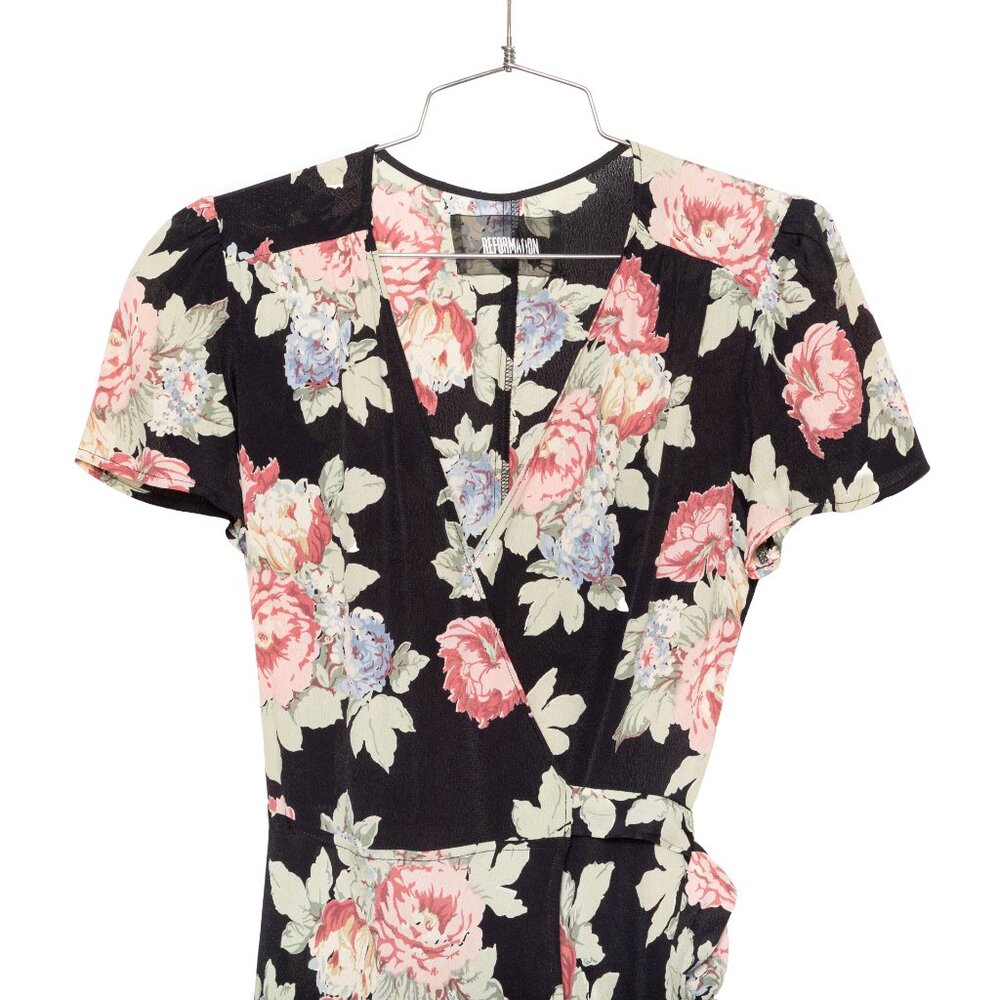 Reformation Linda Brookvale Black Viscose Floral Print Midi Wrap Dress - Size S - Picture 5 of 12